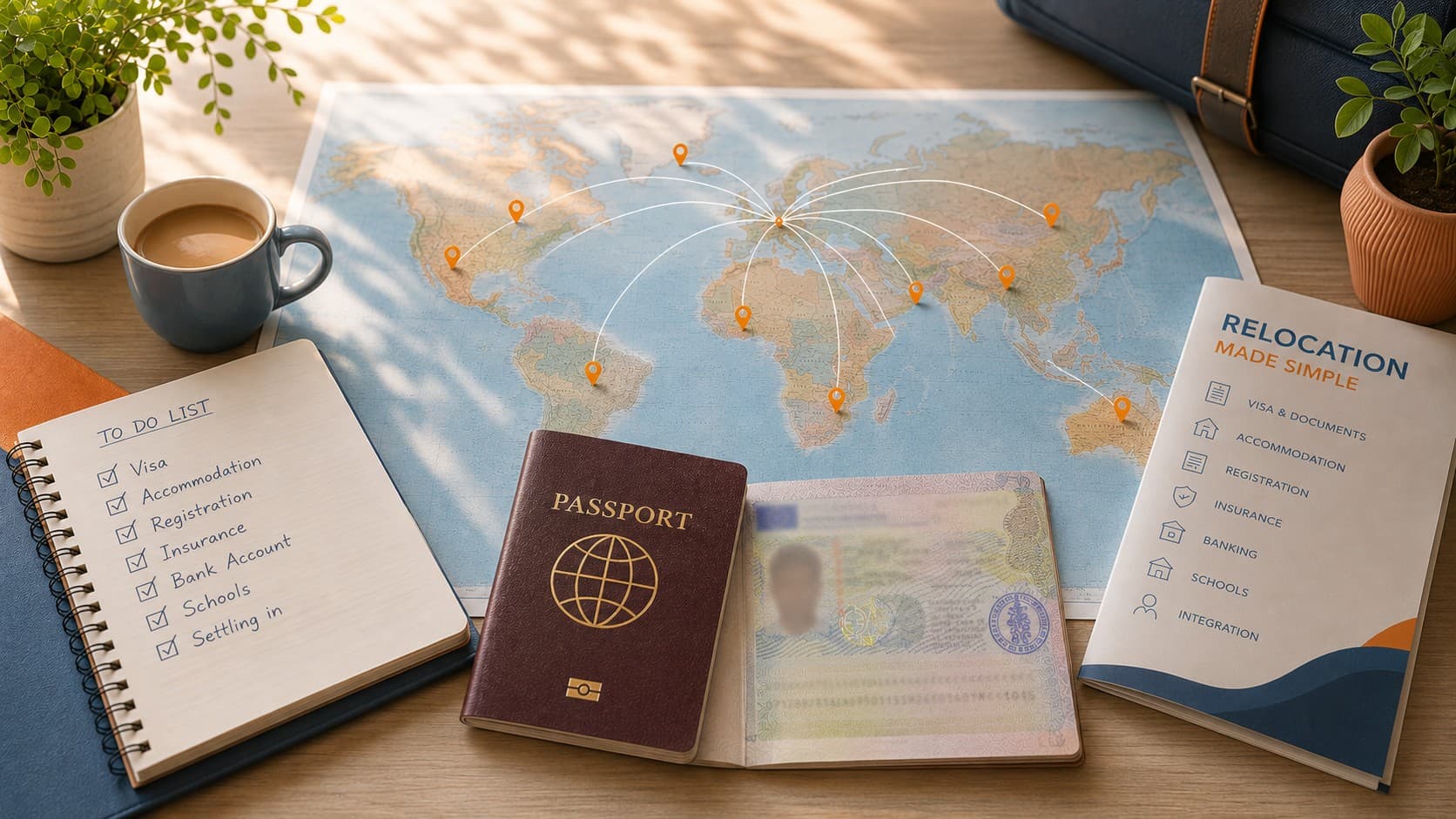 Reisepass, Weltkarte und Relocation-Checkliste – Vorbereitung für den Umzug nach Deutschland